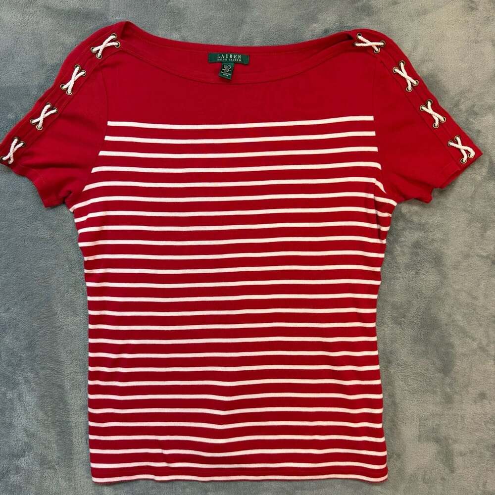 XL Lauren Ralph Lauren Striped Top Size XL Red White Boat Neck Grommet